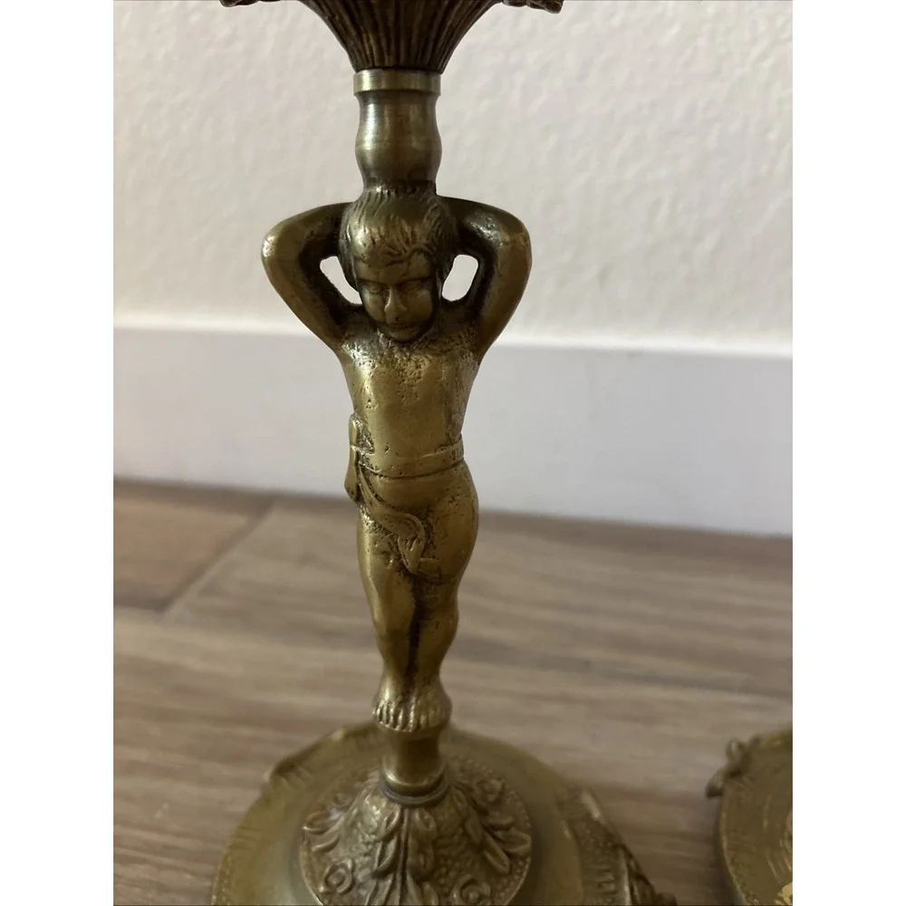 Pair of GORGEOUS‎ Vintage Cherub Candlesticks, Brass 10